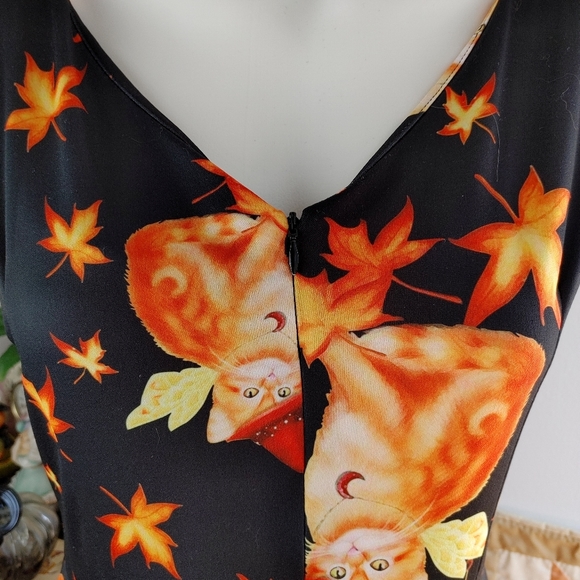 Retro 50s 60s Witchy Fall Halloween A-line Dress w/ Fairy Cats - Picture 3 of 4
